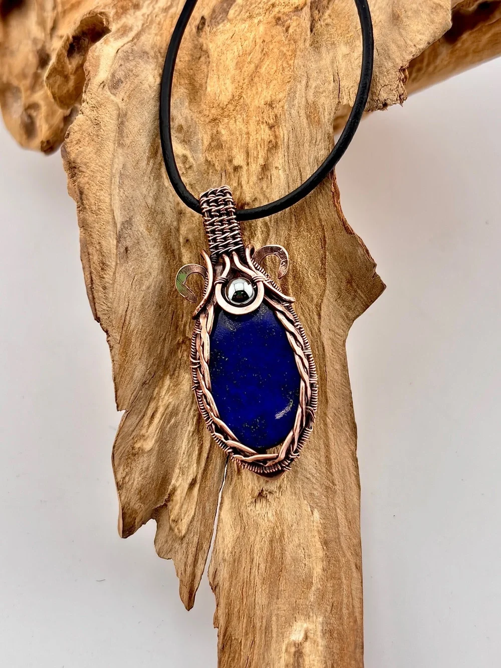 HANDMADE Lapis Lazuli Hematite Copper Wire Wrapped Masculine Pendant Necklace